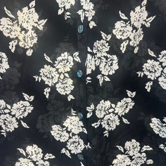 Vintage Kathy Che Black White Floral‎ Print Button Up Shirt Blouse Top Size S - Picture 4 of 10